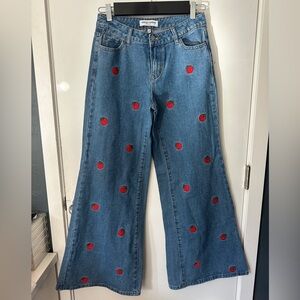 Ashley Mason Blue Wide-Leg Jeans with Red Strawberry Embroidery